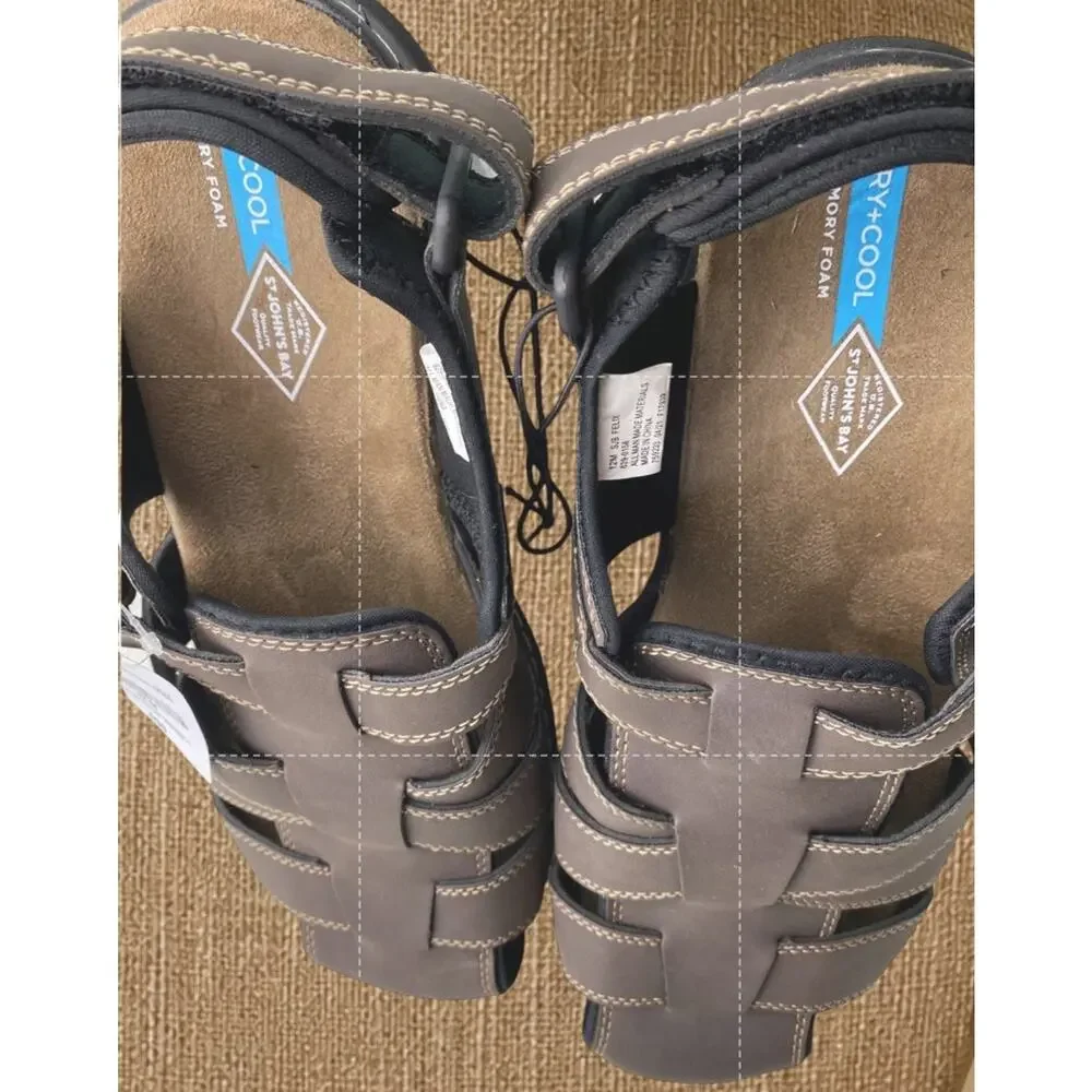 St. John’s Bay Mens 12M Brown Fisherman Sandals DRY+COOL Memory Foam NWT